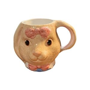Vintage 1991 Strata Group Bunny Rabbit Figural Mug Pink Bow Hand Painted